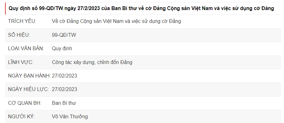 Quy định số 99-QĐ/TW ngày 27/2/2023 của Ban Bí thư về cờ Đảng Cộng sản Việt Nam và việc sử dụng cờ Đảng